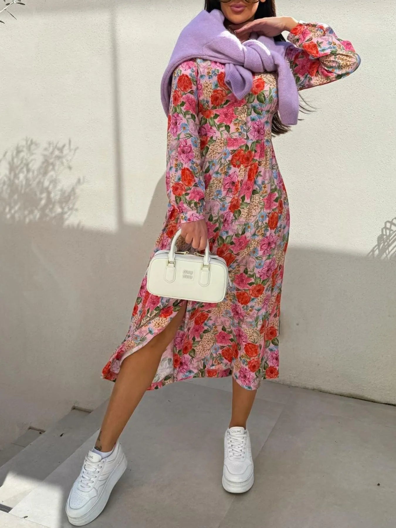 Floral Print Long Sleeve V - Neck Dress - adritiX