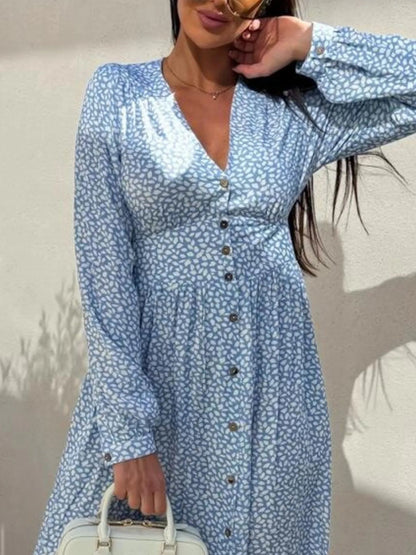 Floral Print Long Sleeve V - Neck Dress - adritiX