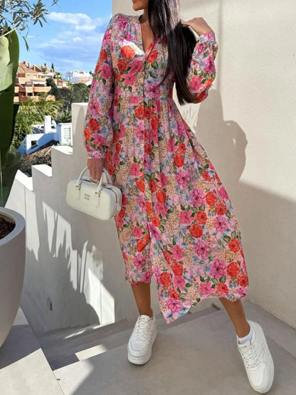 Floral Print Long Sleeve V - Neck Dress - adritiX
