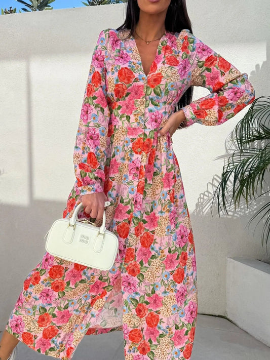Floral Print Long Sleeve V - Neck Dress - adritiX