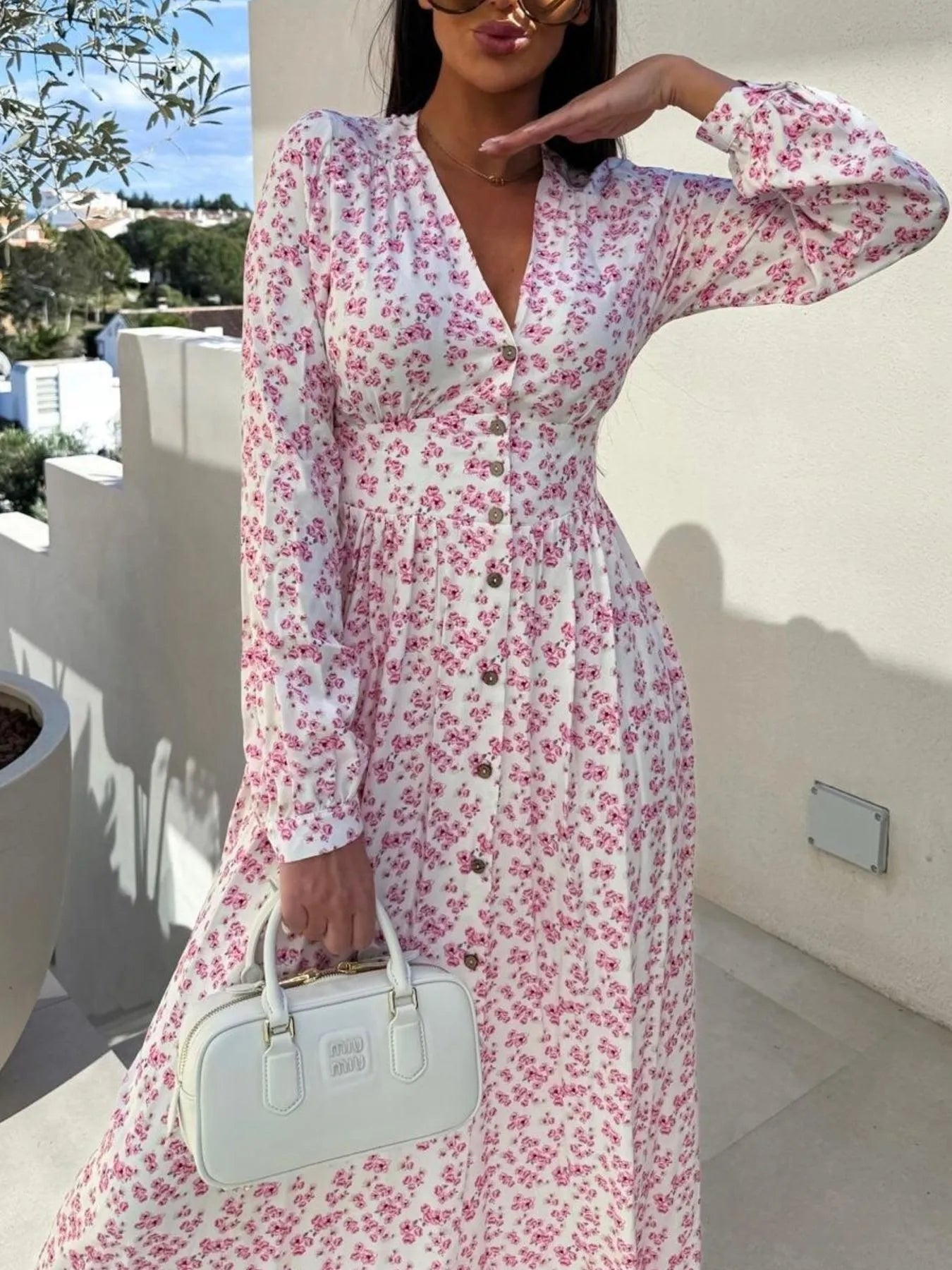 Floral Print Long Sleeve V - Neck Dress - adritiX