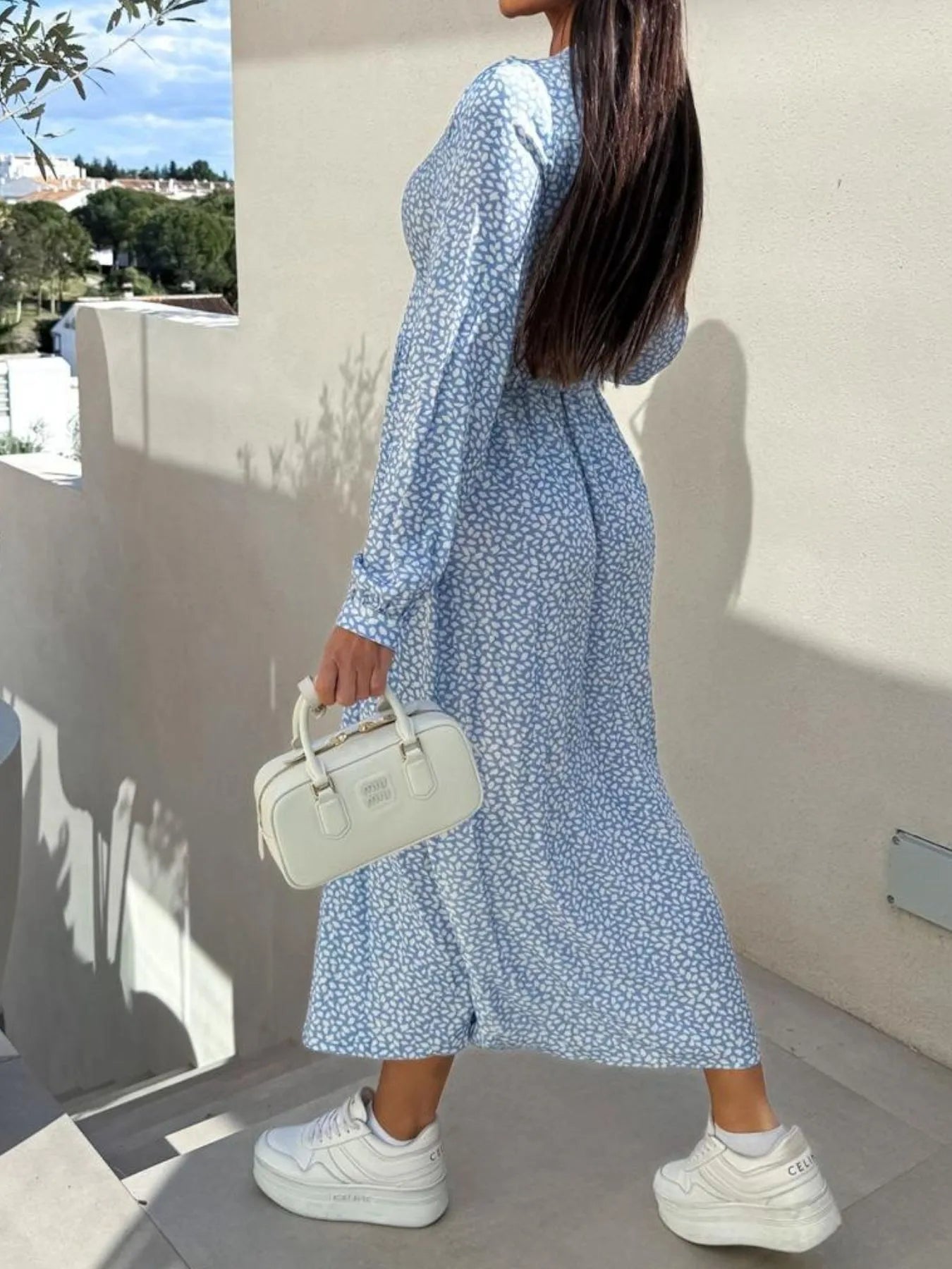 Floral Print Long Sleeve V - Neck Dress - adritiX