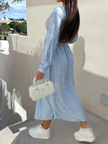 Floral Print Long Sleeve V - Neck Dress - adritiX