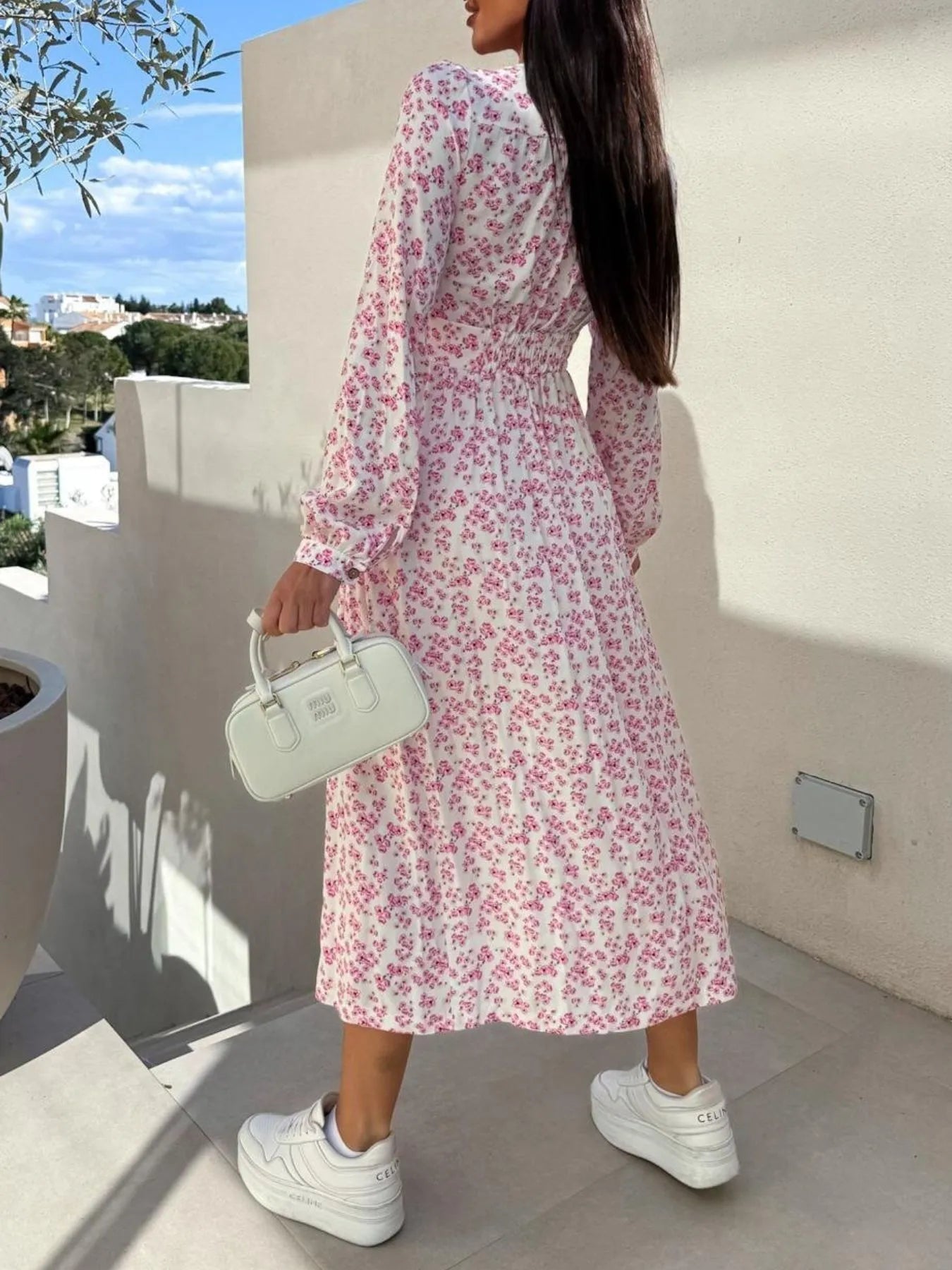 Floral Print Long Sleeve V - Neck Dress - adritiX