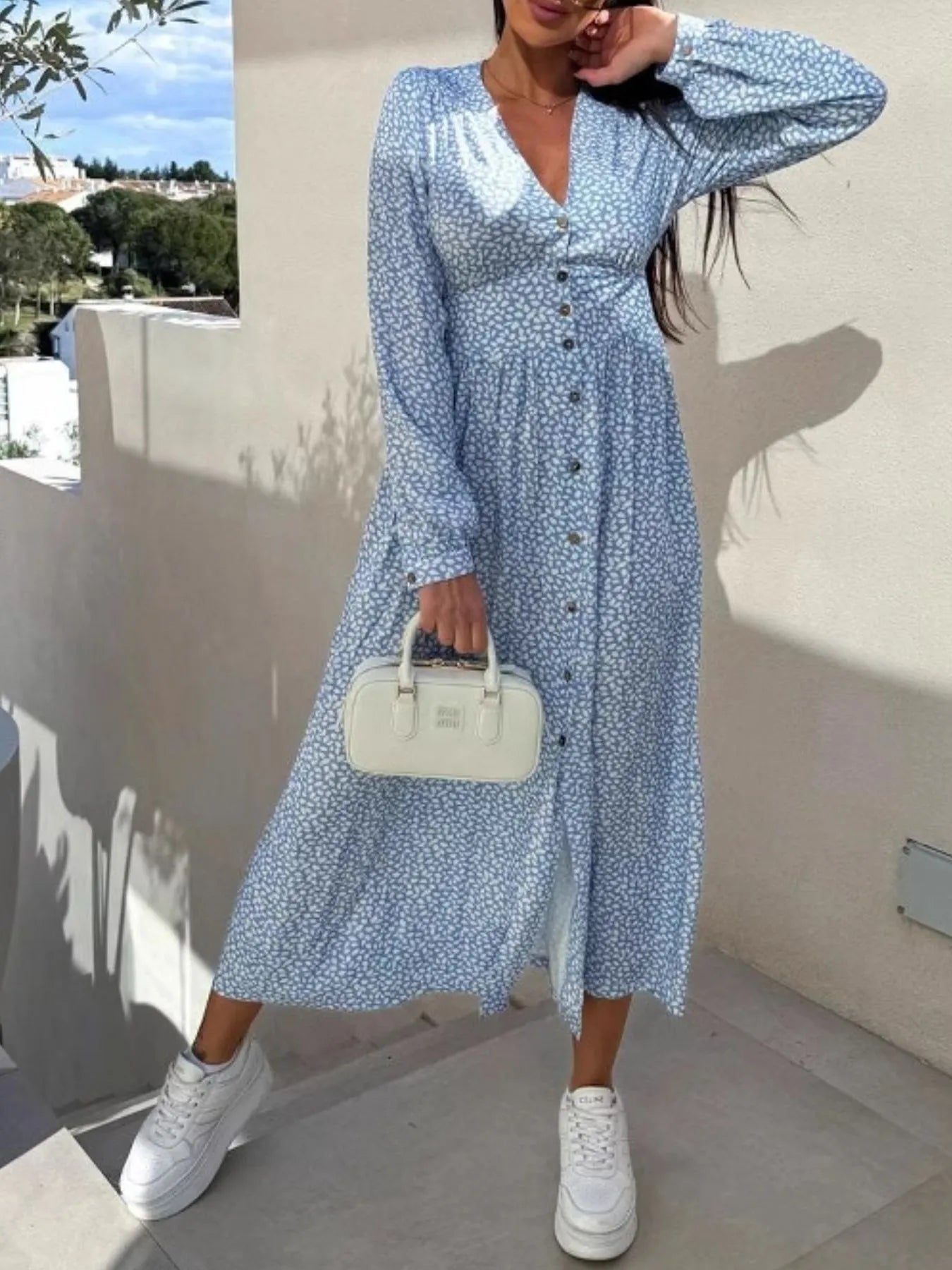 Floral Print Long Sleeve V - Neck Dress - adritiX