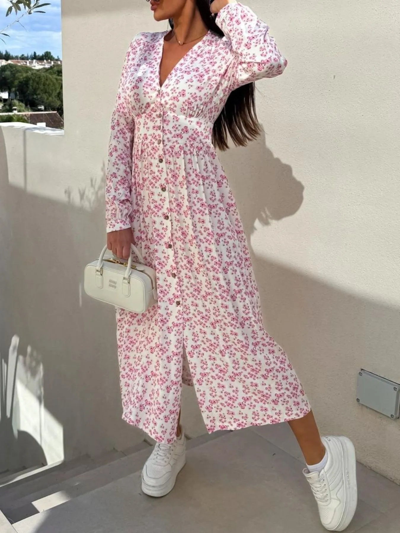Floral Print Long Sleeve V - Neck Dress - adritiX