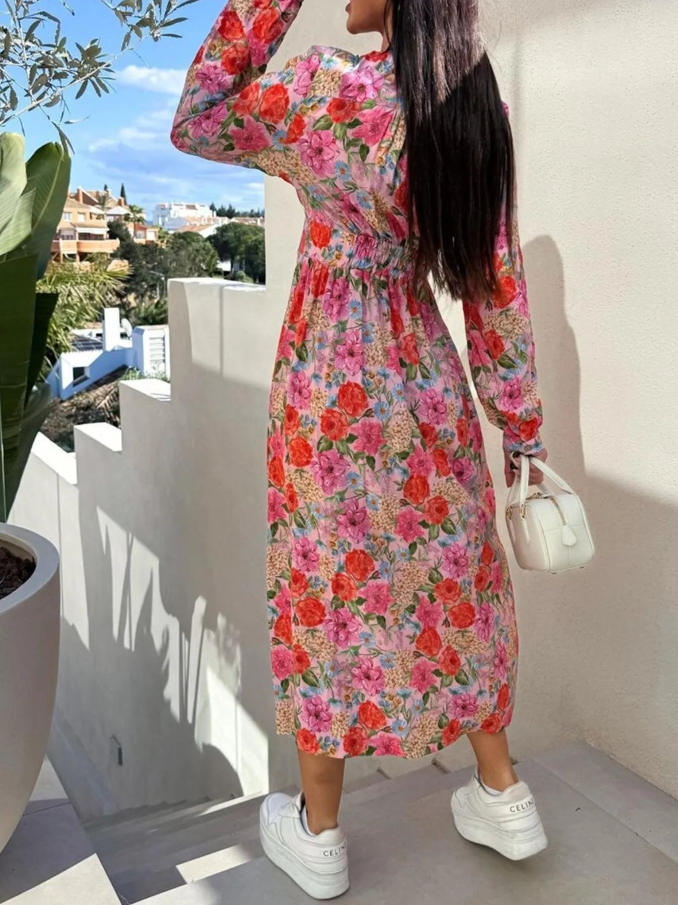 Floral Print Long Sleeve V - Neck Dress - adritiX