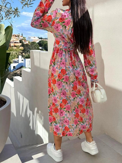 Floral Print Long Sleeve V - Neck Dress - adritiX
