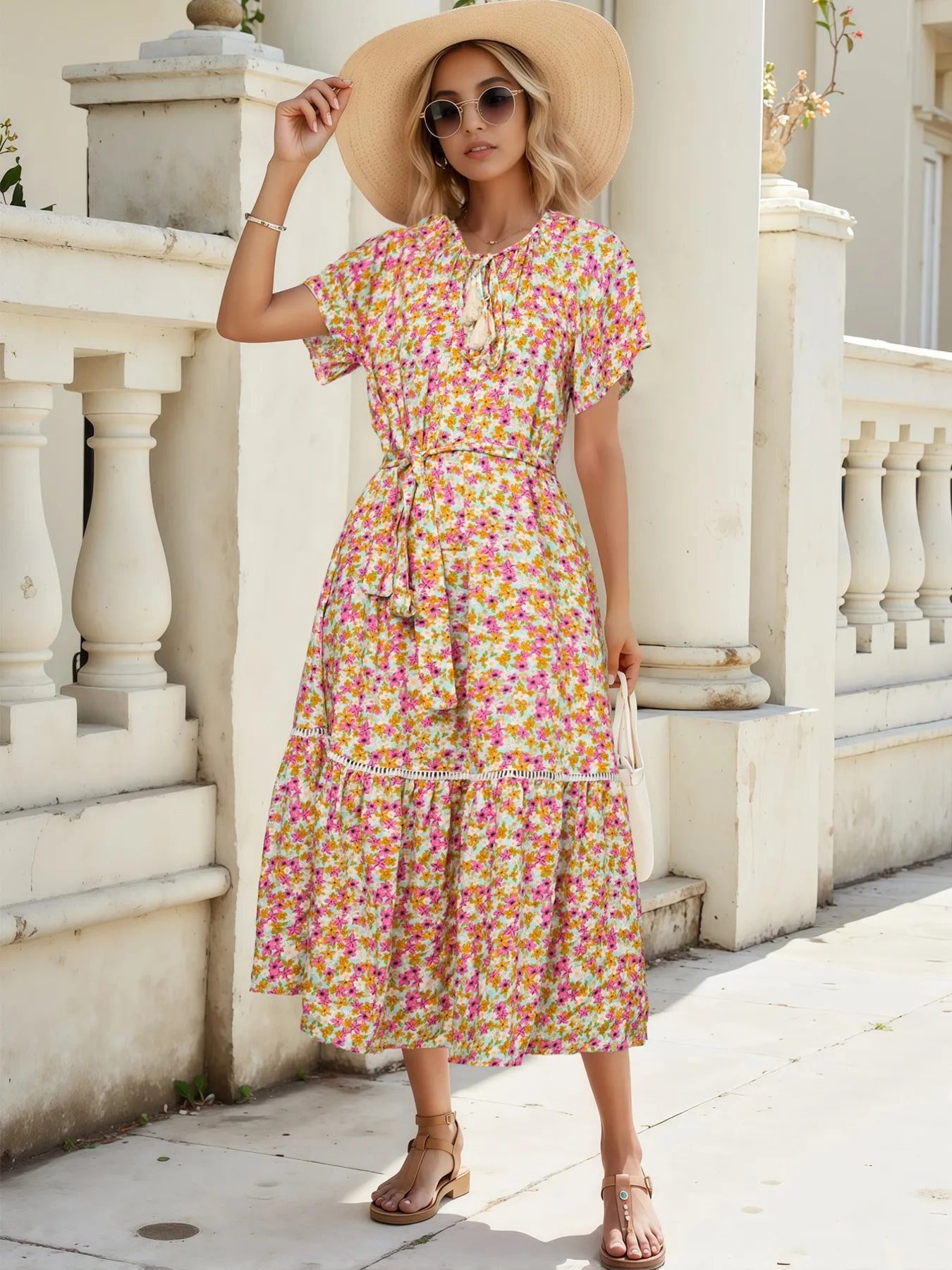 Floral Print Ruffle Hem Midi Dress - adritiX