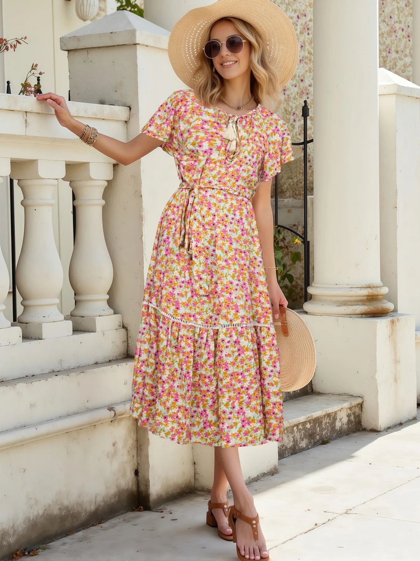 Floral Print Ruffle Hem Midi Dress - adritiX