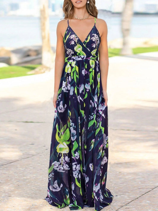 Floral Print Spaghetti Strap Maxi Dress - adritiX