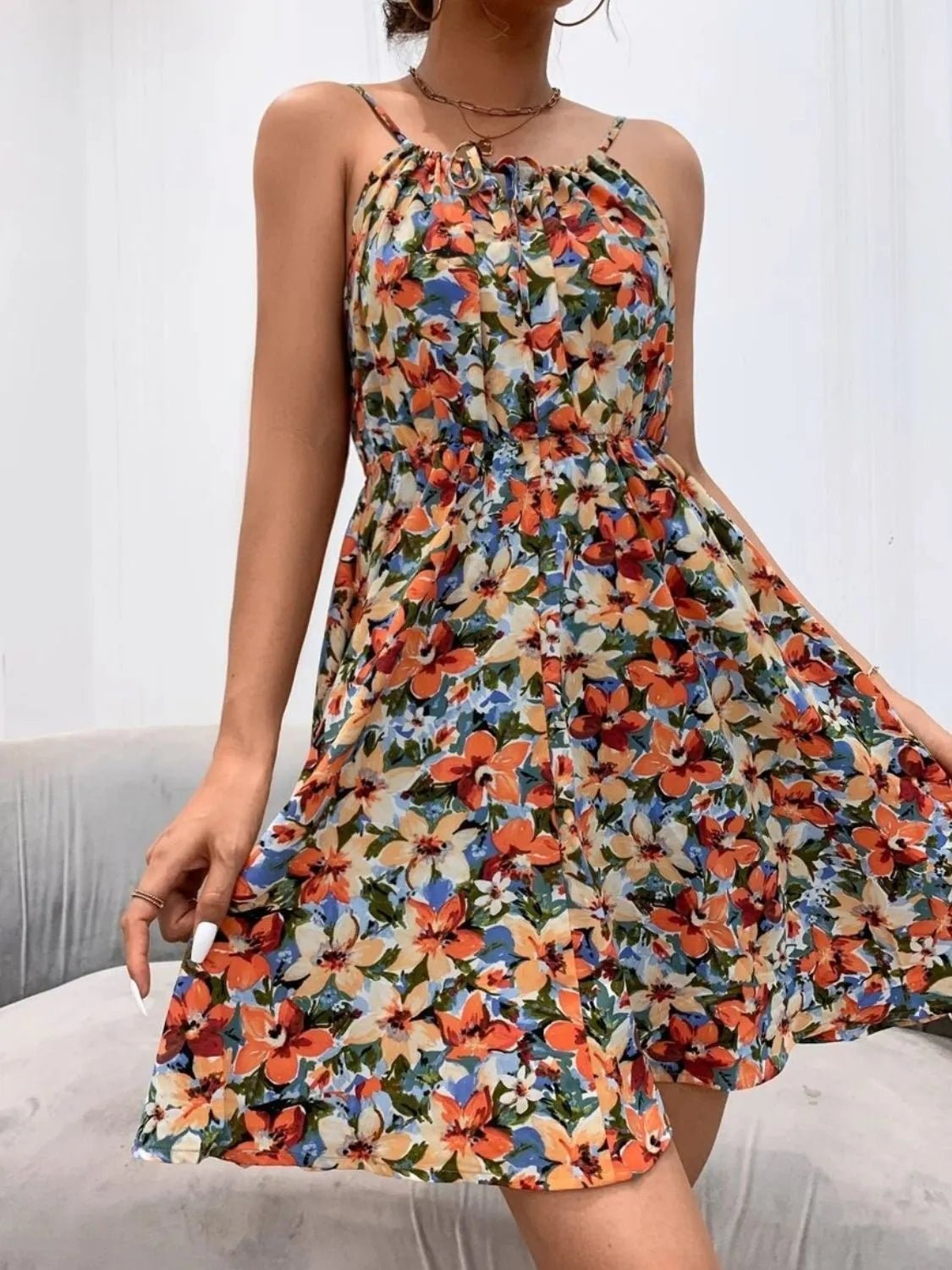 Floral Print Spaghetti Strap Summer Mini Dress - adritiX