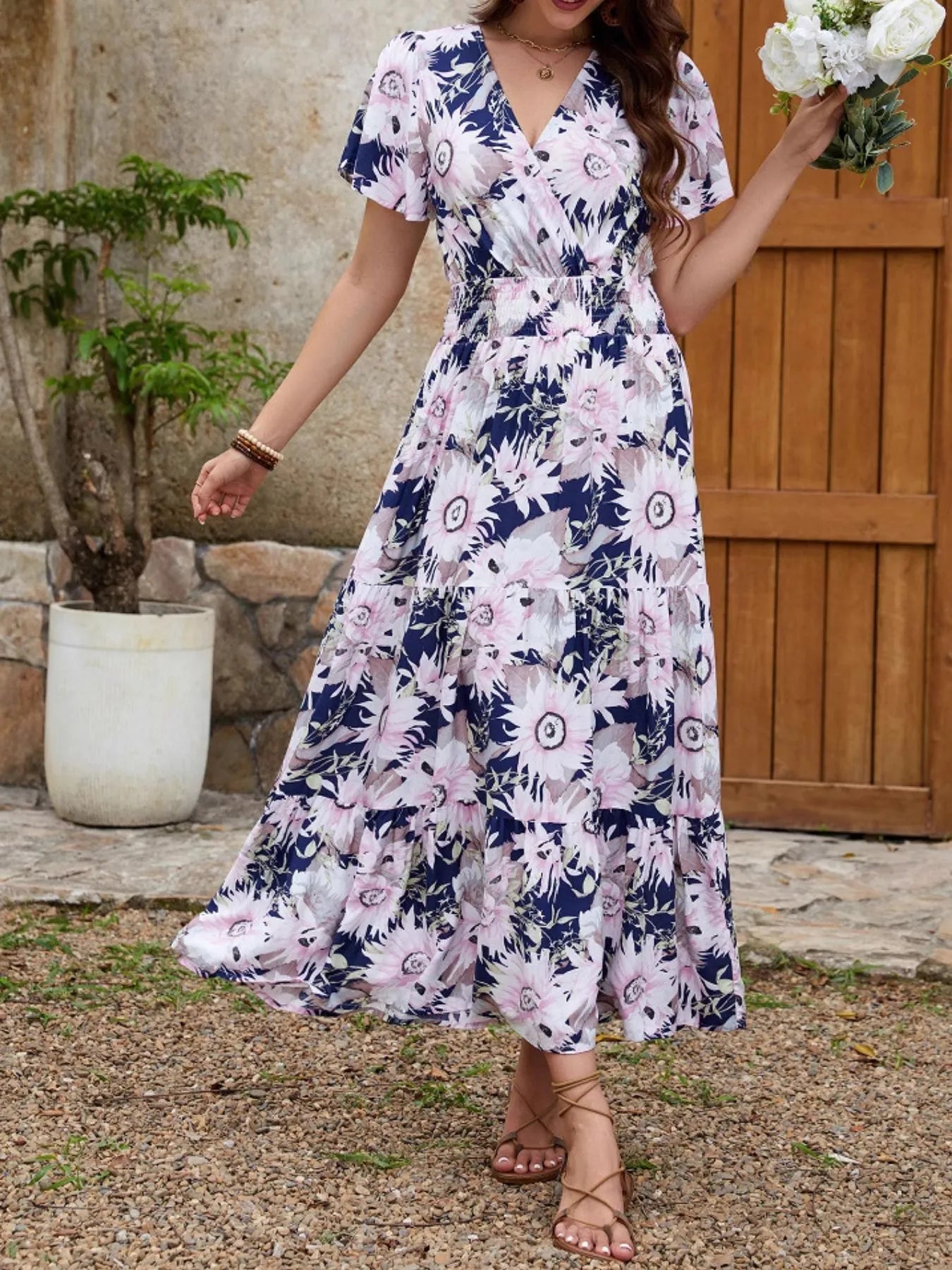 Floral Print Surplice Midi Dress - adritiX