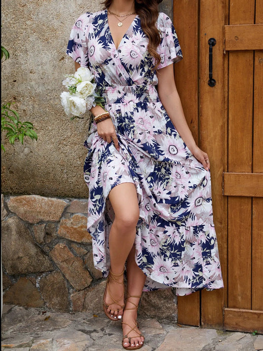 Floral Print Surplice Midi Dress - adritiX