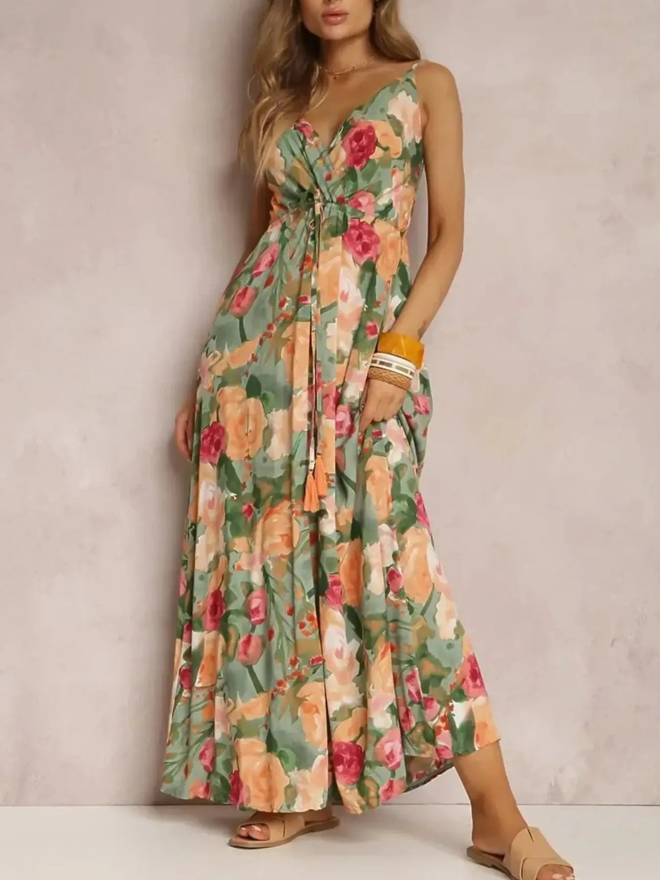 Floral Print Surplice Spaghetti Strap Maxi Dress - adritiX