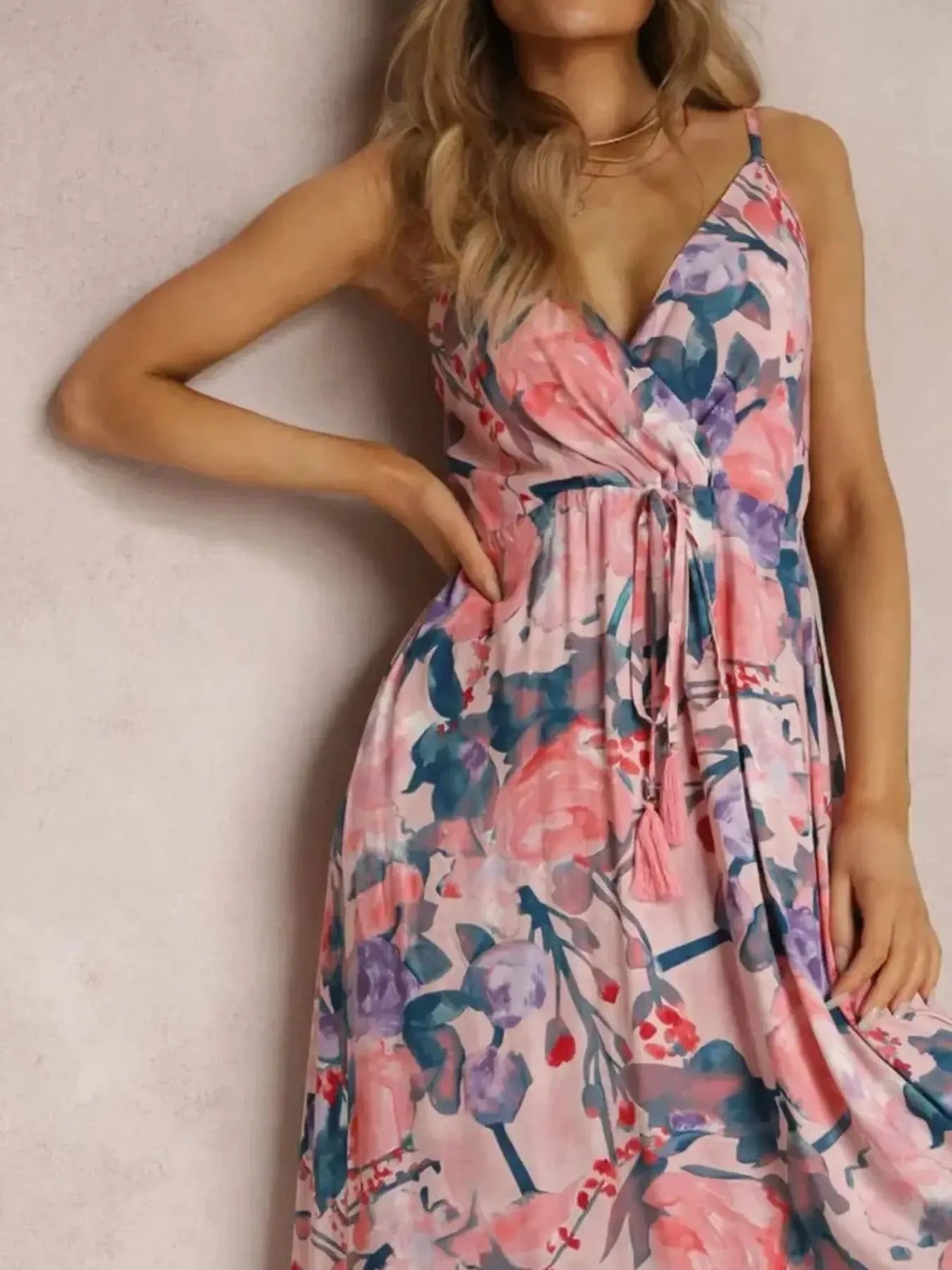 Floral Print Surplice Spaghetti Strap Maxi Dress - adritiX