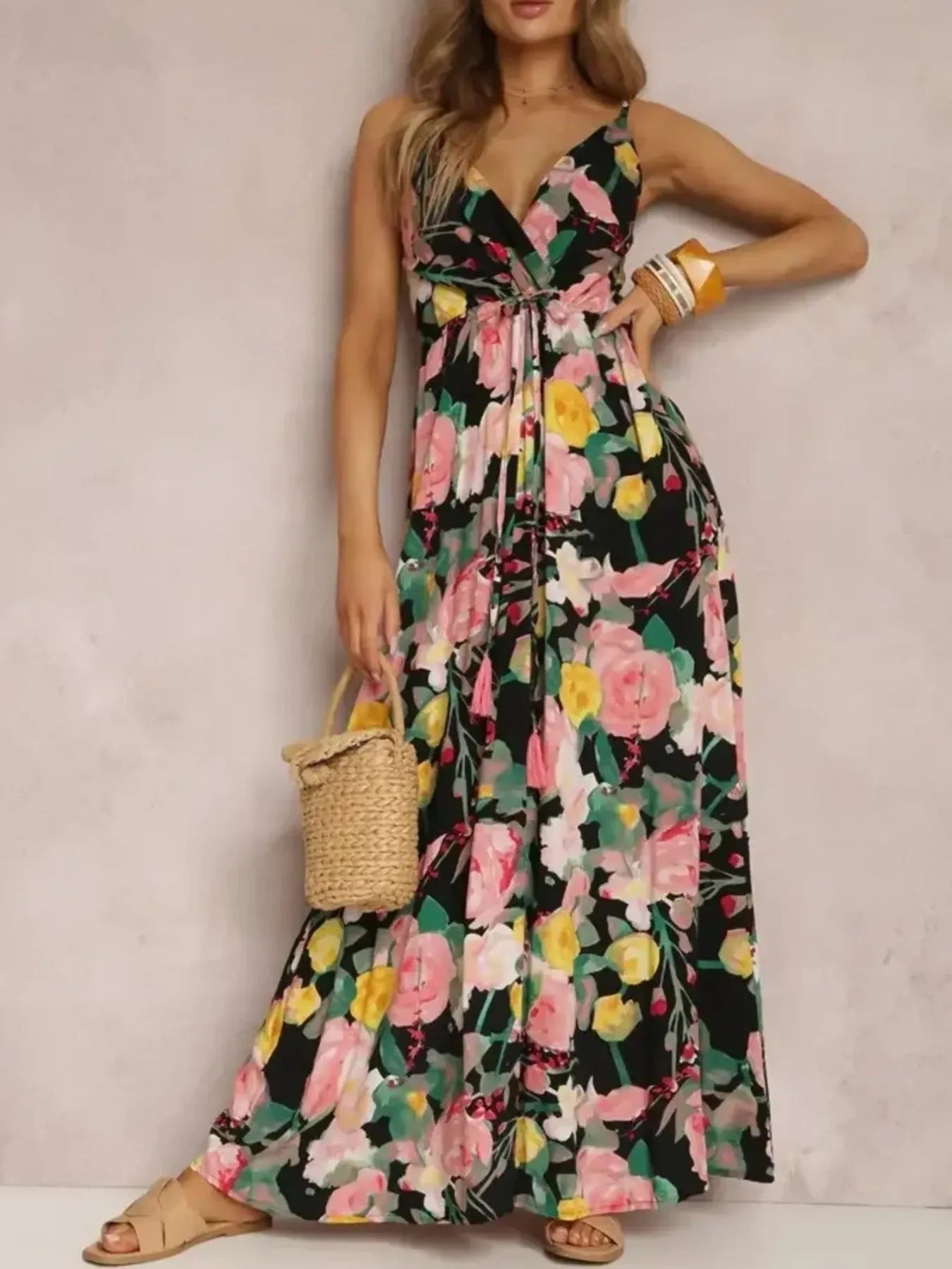 Floral Print Surplice Spaghetti Strap Maxi Dress - adritiX