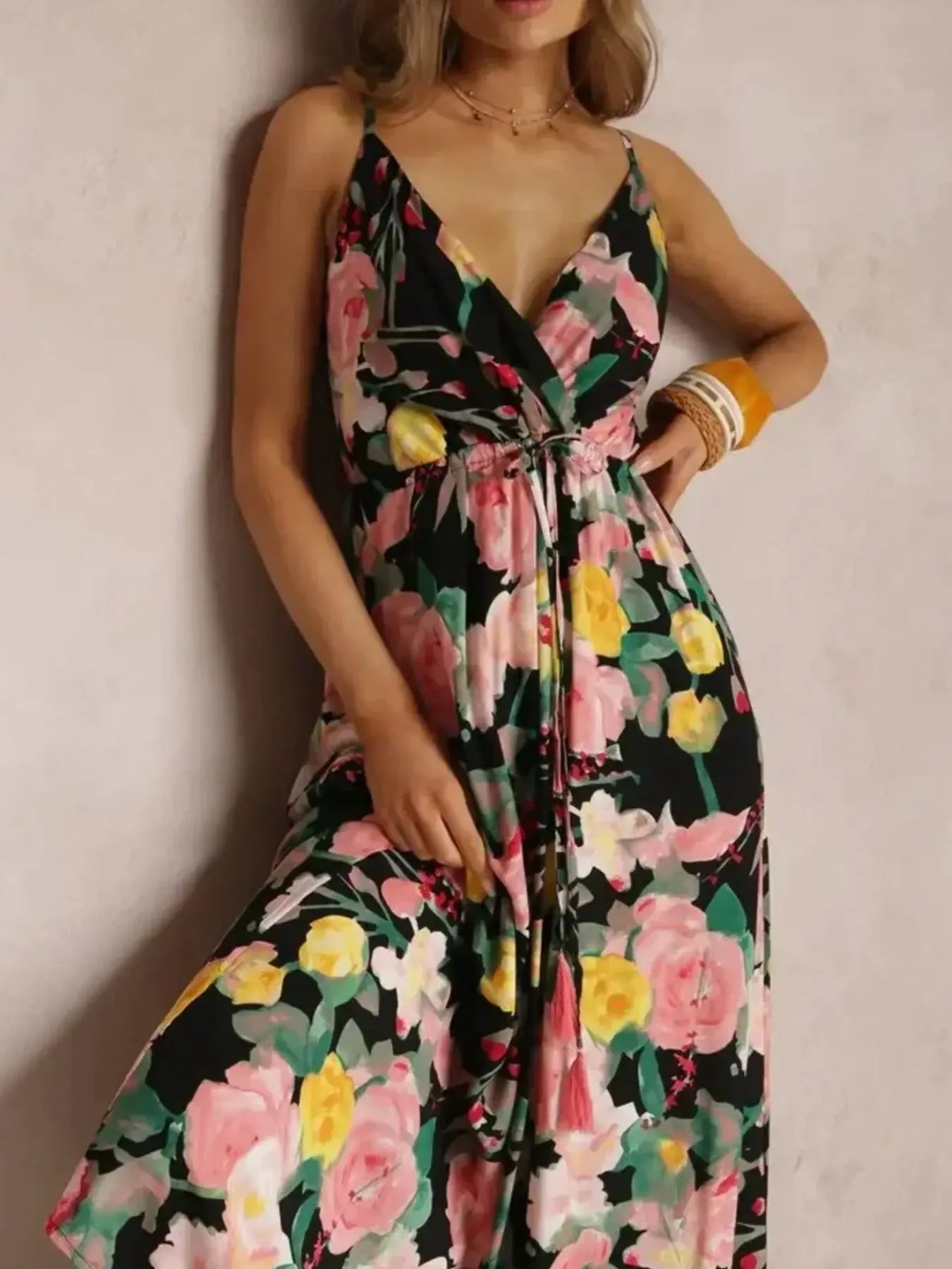 Floral Print Surplice Spaghetti Strap Maxi Dress - adritiX