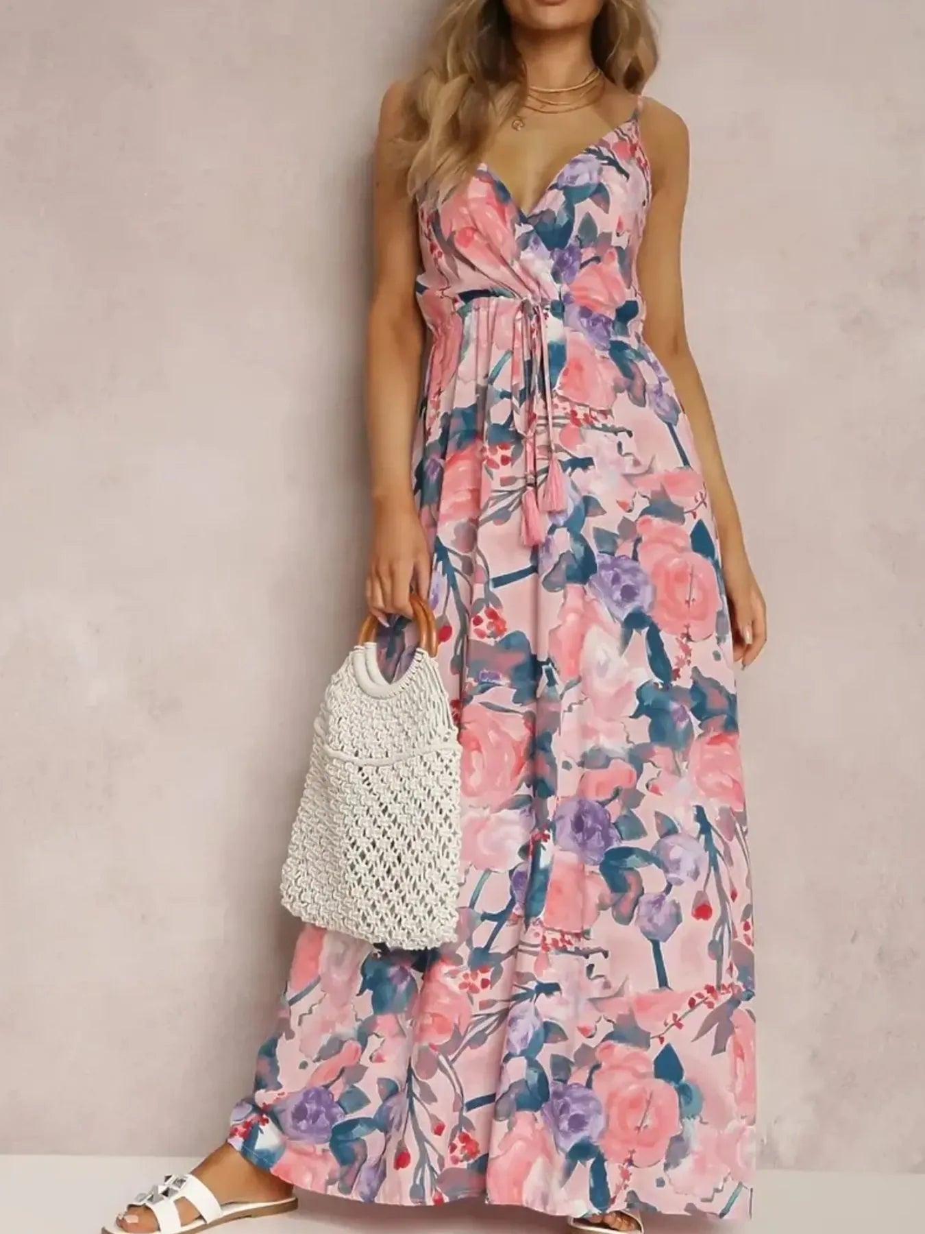Floral Print Surplice Spaghetti Strap Maxi Dress - adritiX