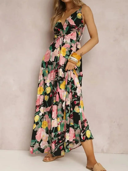 Floral Print Surplice Spaghetti Strap Maxi Dress - adritiX