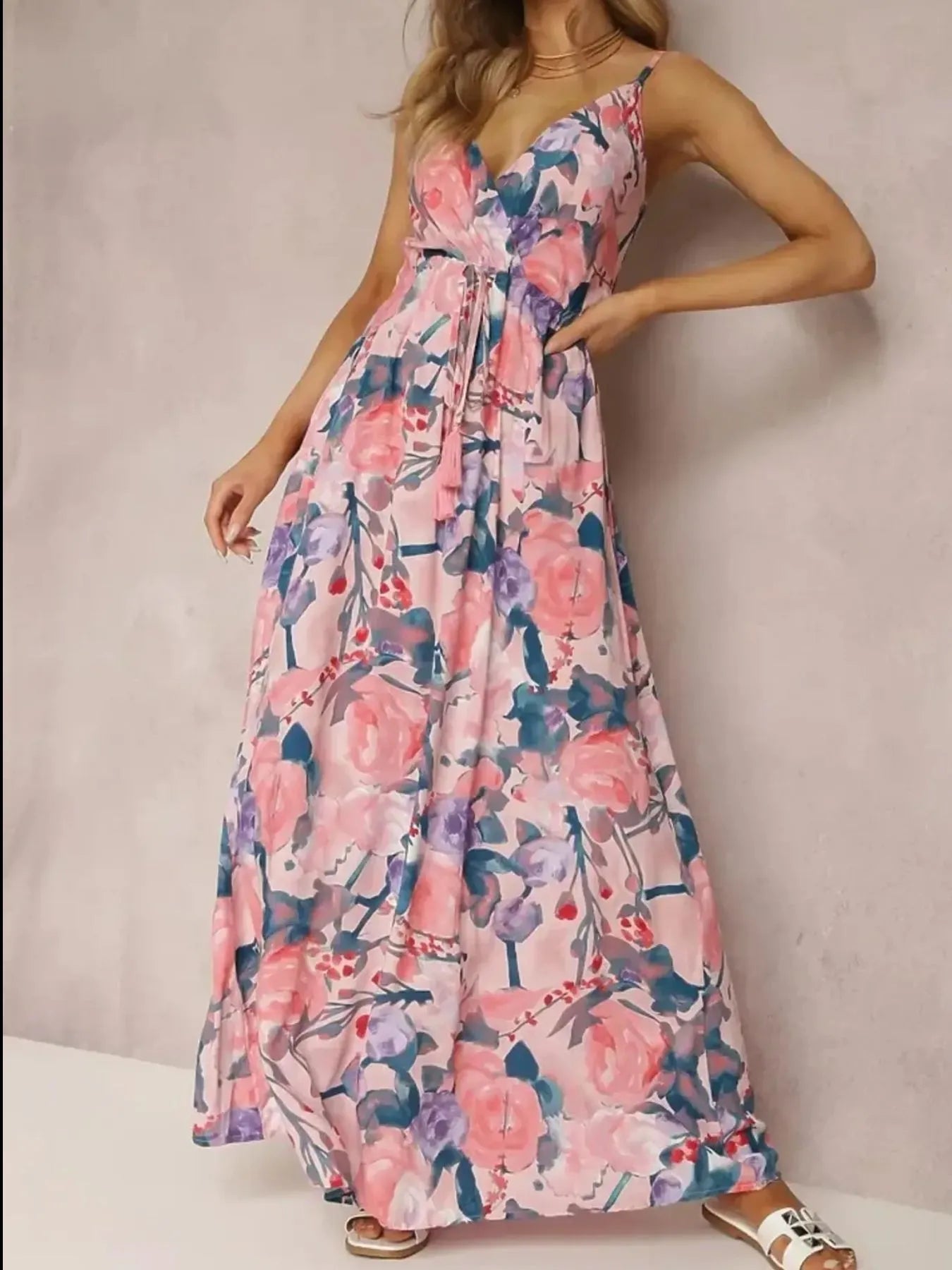 Floral Print Surplice Spaghetti Strap Maxi Dress - adritiX