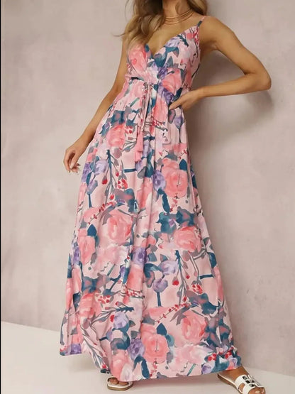 Floral Print Surplice Spaghetti Strap Maxi Dress - adritiX