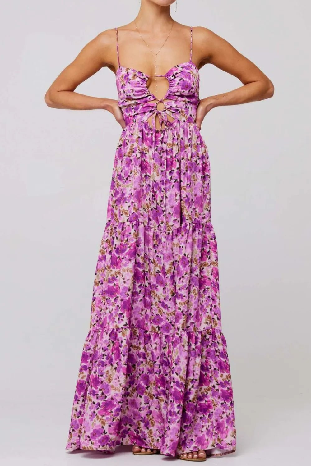 Floral Print Tie Front Tiered Maxi Dress - adritiX