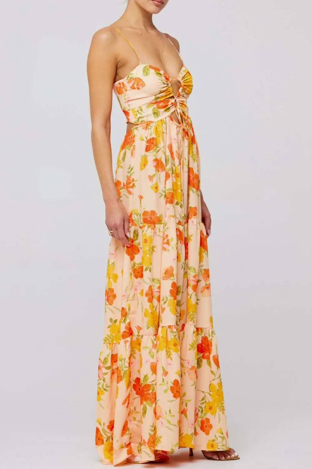 Floral Print Tie Front Tiered Maxi Dress - adritiX