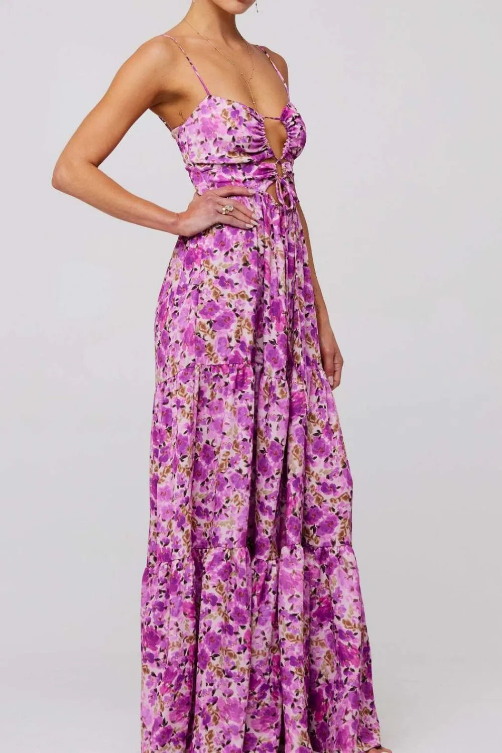 Floral Print Tie Front Tiered Maxi Dress - adritiX