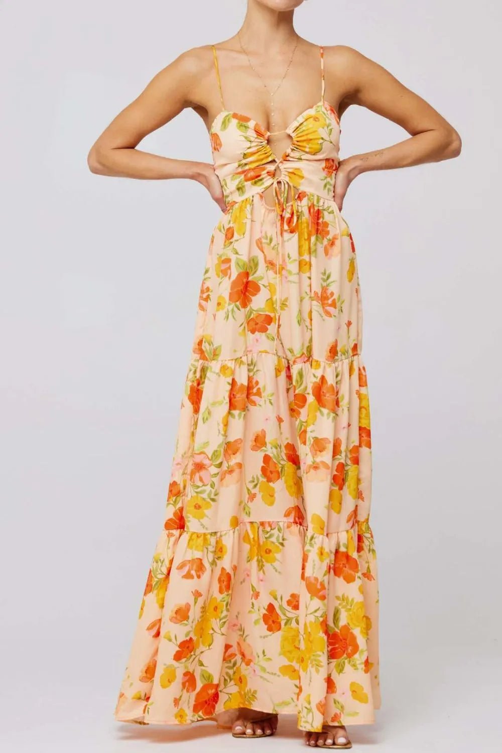 Floral Print Tie Front Tiered Maxi Dress - adritiX