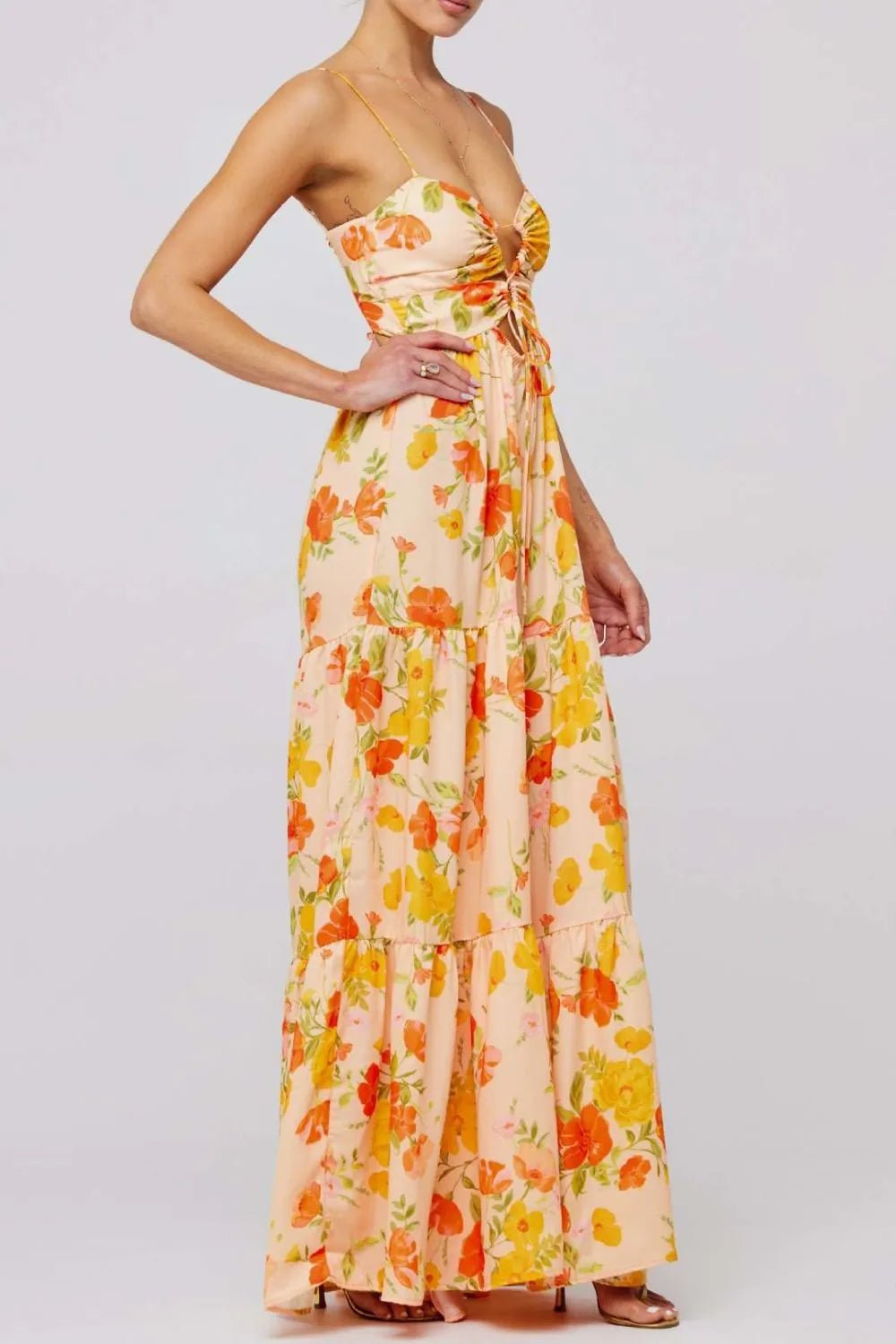 Floral Print Tie Front Tiered Maxi Dress - adritiX