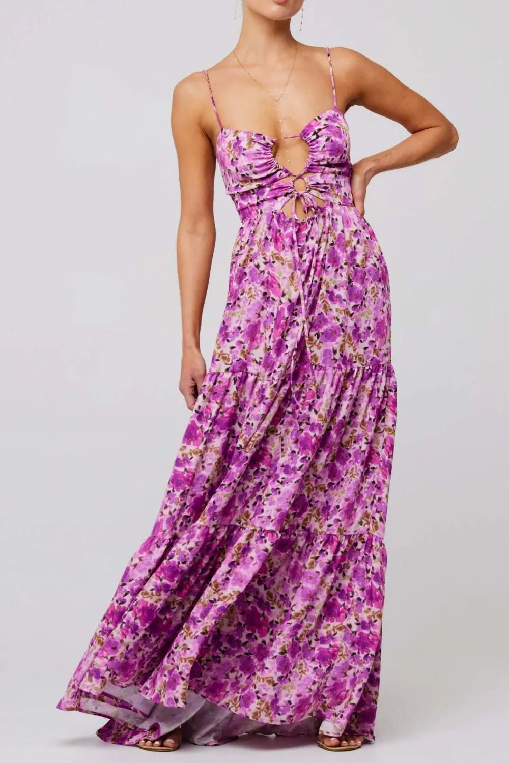 Floral Print Tie Front Tiered Maxi Dress - adritiX