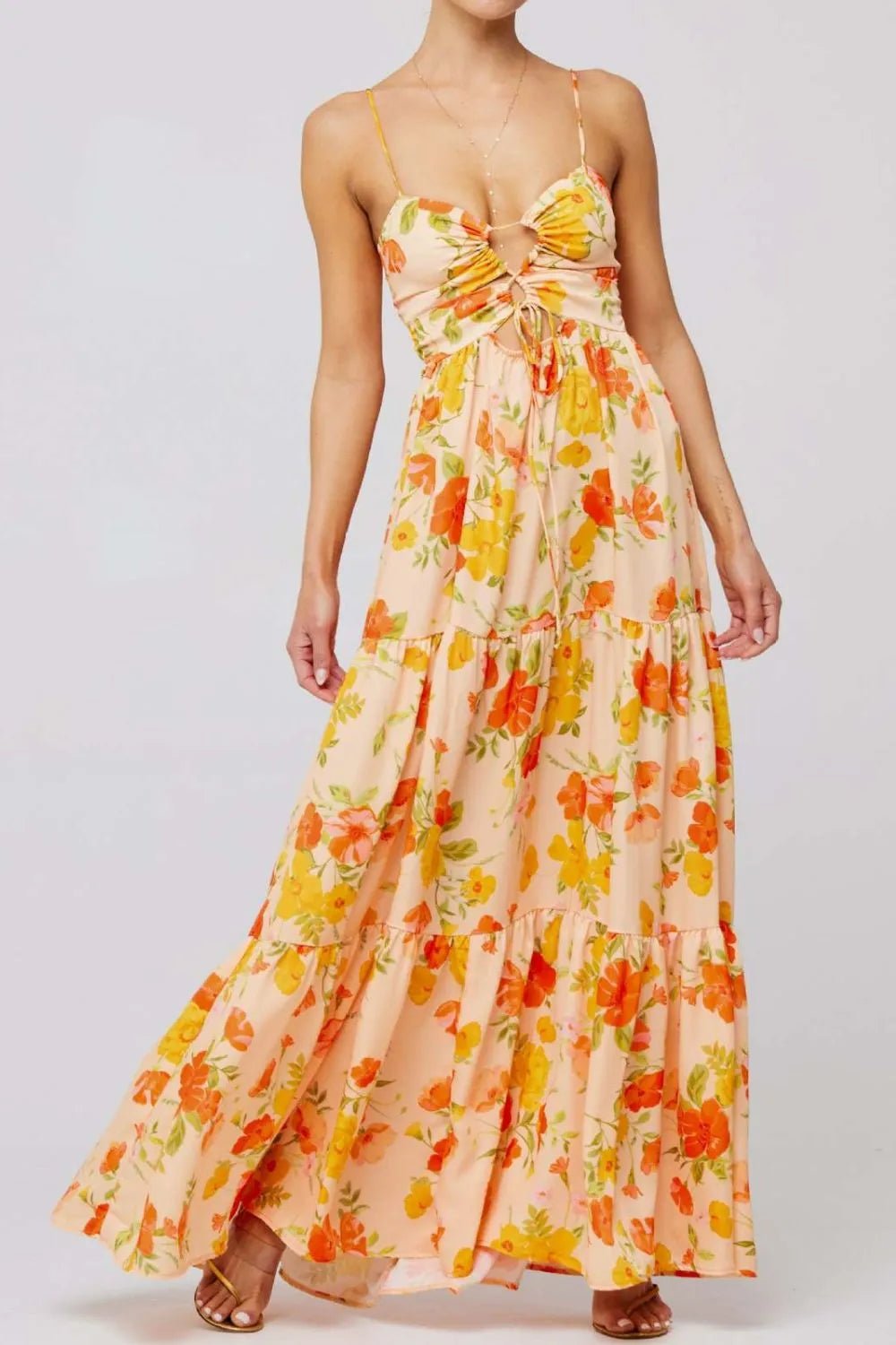 Floral Print Tie Front Tiered Maxi Dress - adritiX