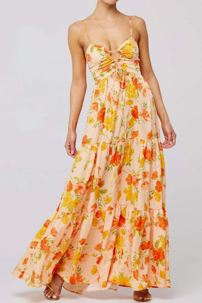 Floral Print Tie Front Tiered Maxi Dress - adritiX