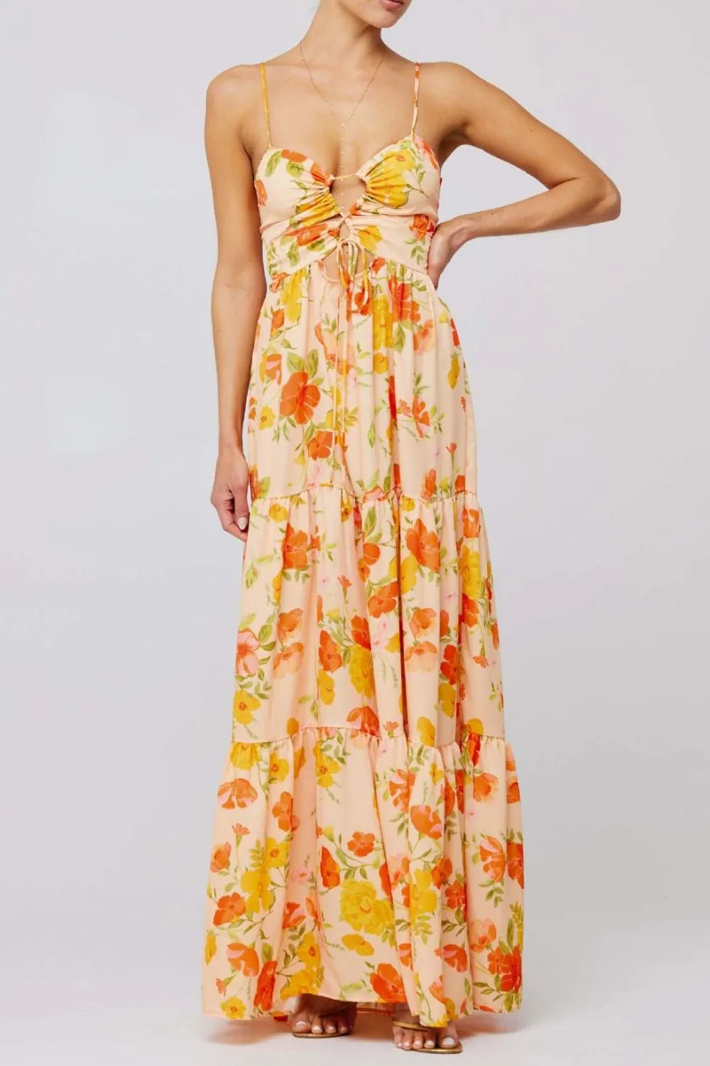 Floral Print Tie Front Tiered Maxi Dress - adritiX