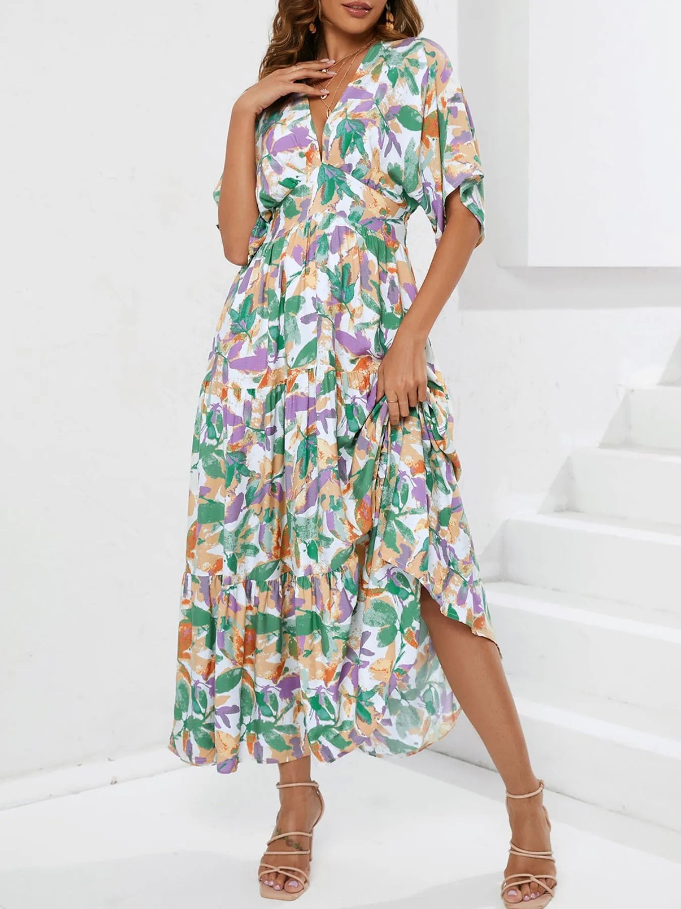Floral Print V - neck Boho Midi Dress - adritiX