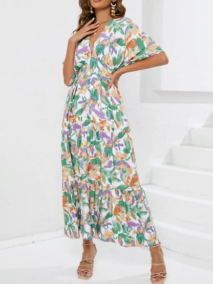 Floral Print V - neck Boho Midi Dress - adritiX