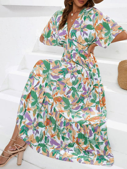 Floral Print V - neck Boho Midi Dress - adritiX