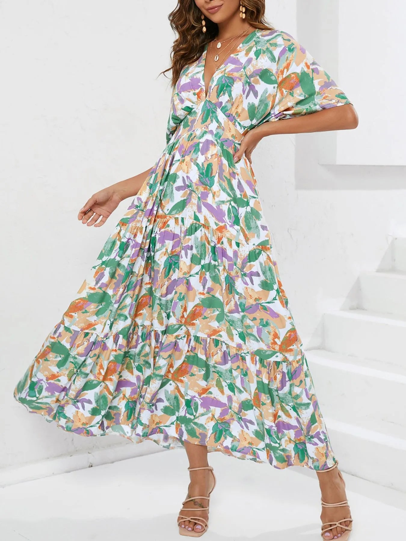 Floral Print V - neck Boho Midi Dress - adritiX