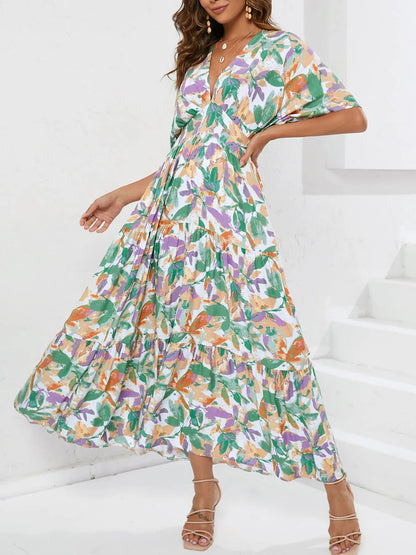 Floral Print V - neck Boho Midi Dress - adritiX