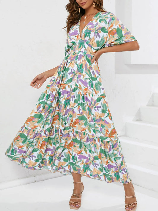 Floral Print V - neck Boho Midi Dress - adritiX