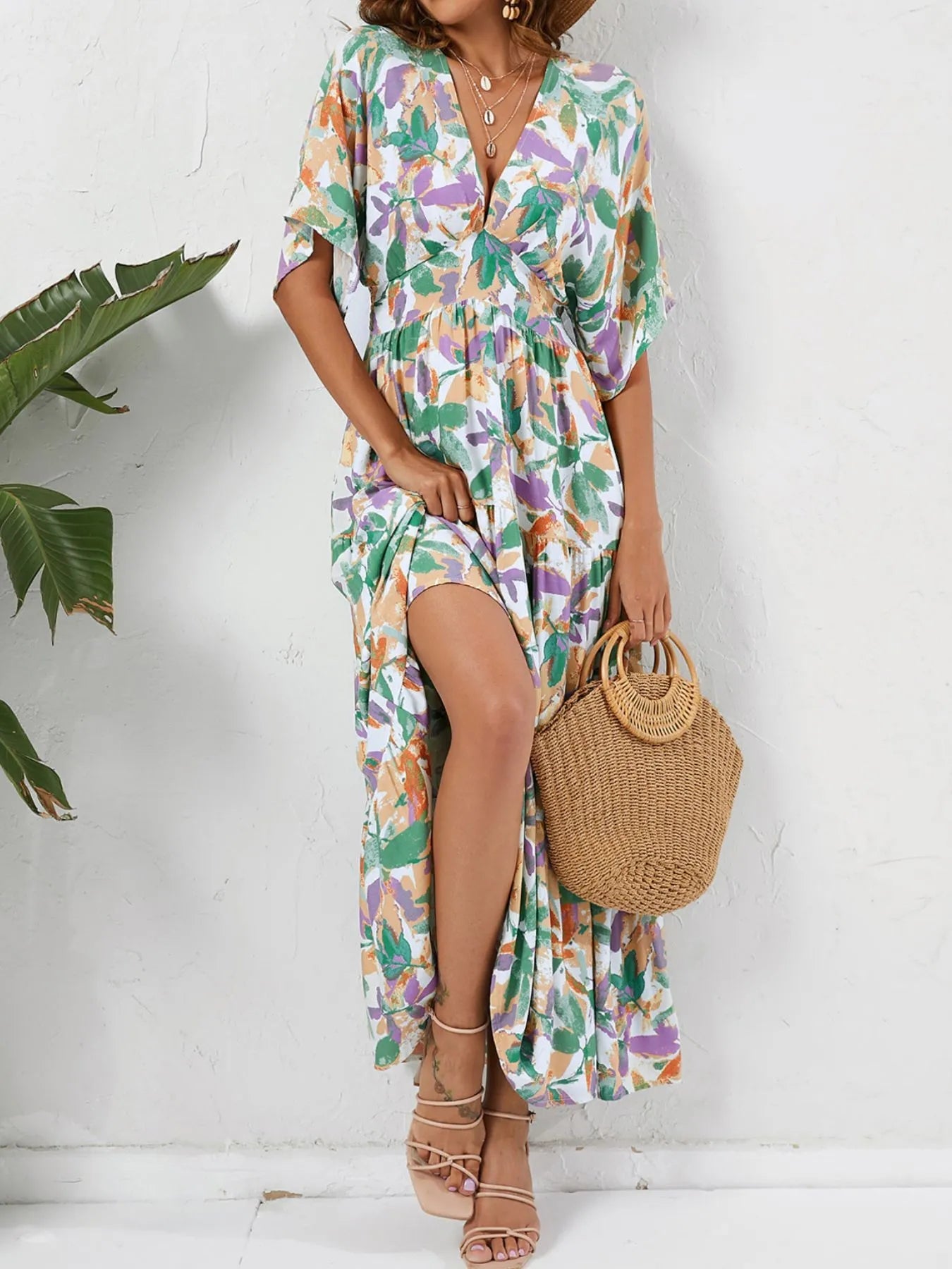 Floral Print V - neck Boho Midi Dress - adritiX