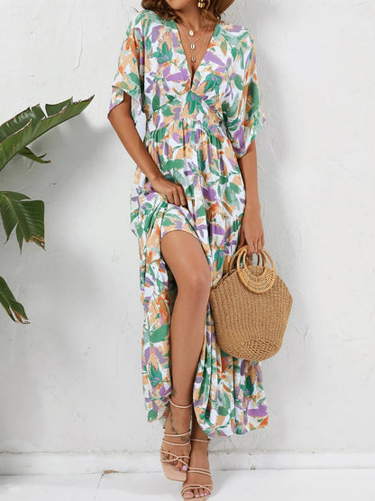 Floral Print V - neck Boho Midi Dress - adritiX