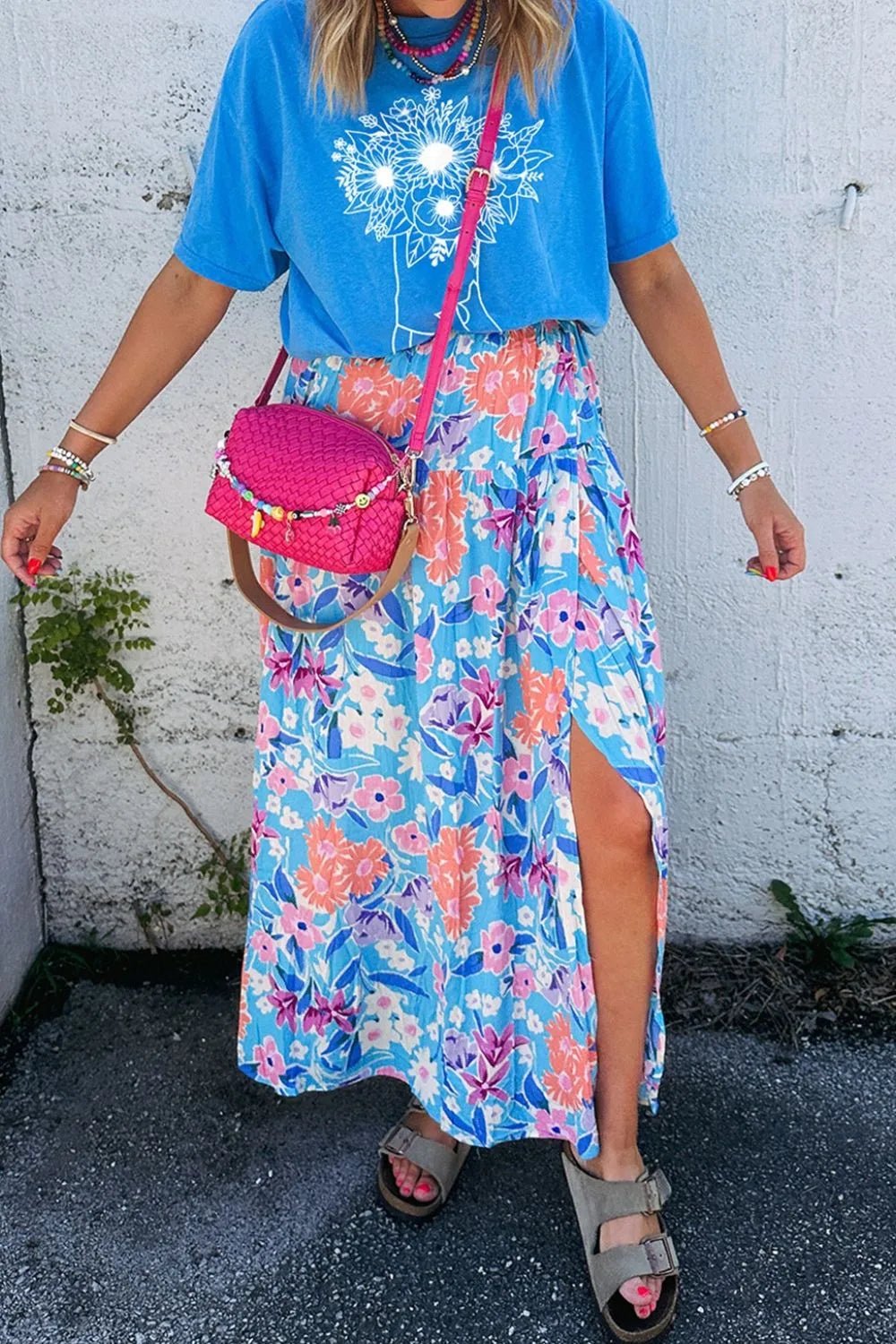 Floral Printed High Waist Split Skirt - adritiX