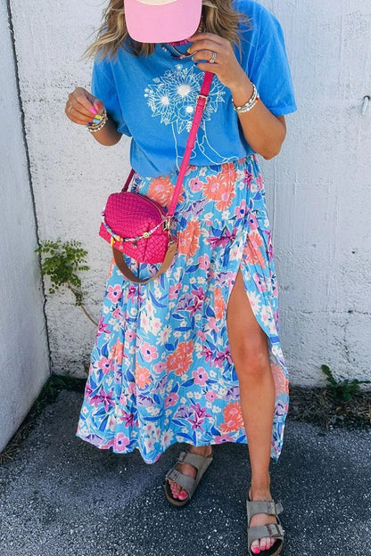 Floral Printed High Waist Split Skirt - adritiX