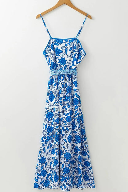 Floral Printed Spaghetti Strap Maxi Dress with Waist Tie - adritiX