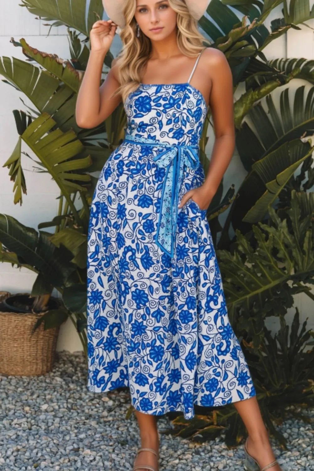Floral Printed Spaghetti Strap Maxi Dress with Waist Tie - adritiX