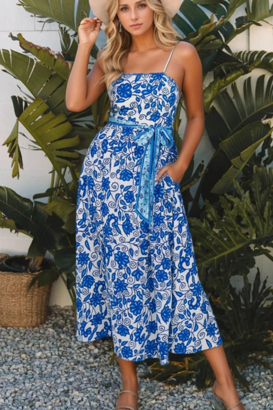 Floral Printed Spaghetti Strap Maxi Dress with Waist Tie - adritiX