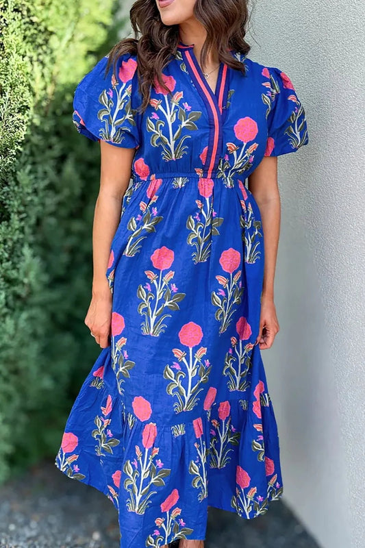 Floral Puff Short Sleeve Notched High Waist Dress - adritiX