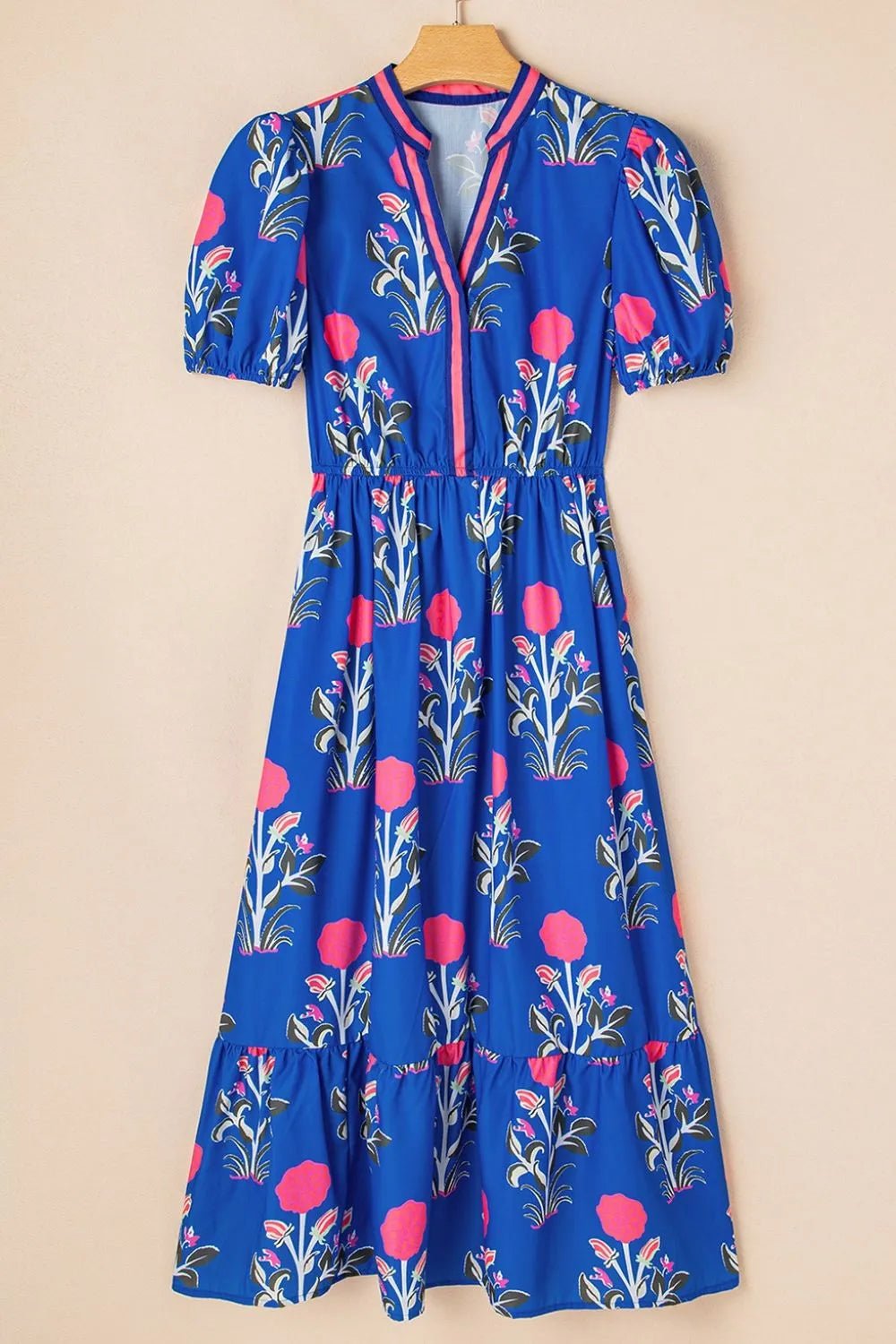 Floral Puff Short Sleeve Notched High Waist Dress - adritiX
